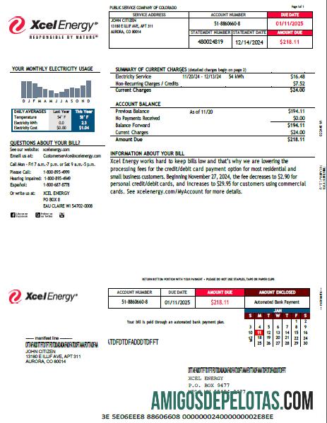 realista Modelo de fatura de serviços públicos de energia Xcel dos EUA em formatos Word e PDF, versão 2